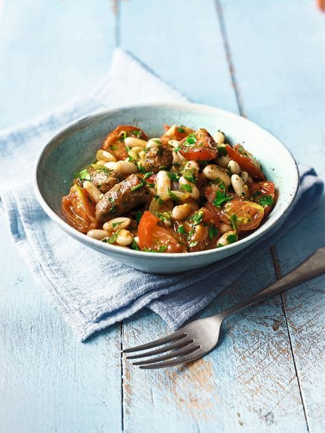 The merguez sausage in this summery stew recipe brings a welcome touch of spice to this hearty, satisfying dinner. Merguez Sausage Dishes, Sausage Casserole Recipes, Veggie Sausage, Dinner Today, Delicious Magazine, Healthy Food Guide, Sausage Casserole, Sausage Dishes, Meat Free Recipes