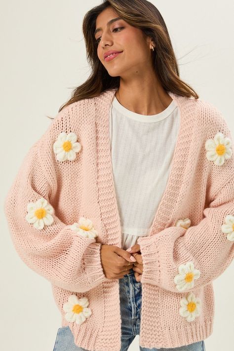 Daisie 3D Floral Cardigan in Blush | Altar'd State Bow Top Dress, Fashion Show Poster, Effortless Look, College Wear, Orange Cardigan, Oversized Knit Cardigan, Soft Girl Aesthetic, Floral Cardigan, Stylish Sweaters