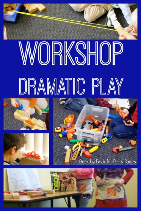 Workshop Dramatic Play (contributed to Pre-K Pages)                                                                                                                                                                                 More Hardware Store Dramatic Play, Tools Dramatic Play, Constructivist Classroom, Inventors Activities, Construction Dramatic Play, Dramatic Play Centers Preschool, Play Preschool, Preschool Letter Crafts, Dramatic Play Themes