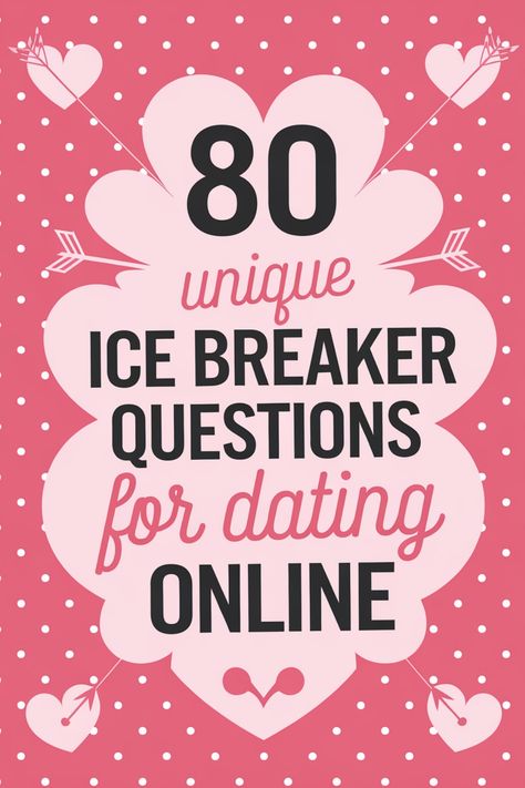 80 unique ice breaker questions for dating online on a pink, heart-decorated background. Dating App Questions To Ask, Dating App Conversation Starters, Ice Breaker Questions For Couples, Getting To Know You Questions Dating, Questions For Dating, Starting Conversations, Questions To Get To Know Someone, Deep Questions To Ask, Ice Breaker Questions