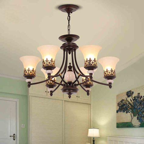 American Country European Style 5 light Chandelier with Alabaster Glass Shades Room Hanging Lights, Hotel Light, Suspension Vintage, 5 Light Chandelier, Retro Lighting, Color Bronze, Farmhouse Lighting, Dining Room Chandelier, Chandelier Lamp