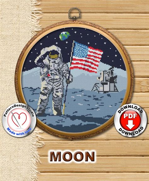 Moon Landing Embroidery PDF Pattern Cross Stitch Download | Etsy Pattern Cross Stitch, Harry Potter Theme, Apollo 11, Moon Landing, Needlepoint Kits, On The Moon, Cross Designs, Modern Cross Stitch, Usa Flag