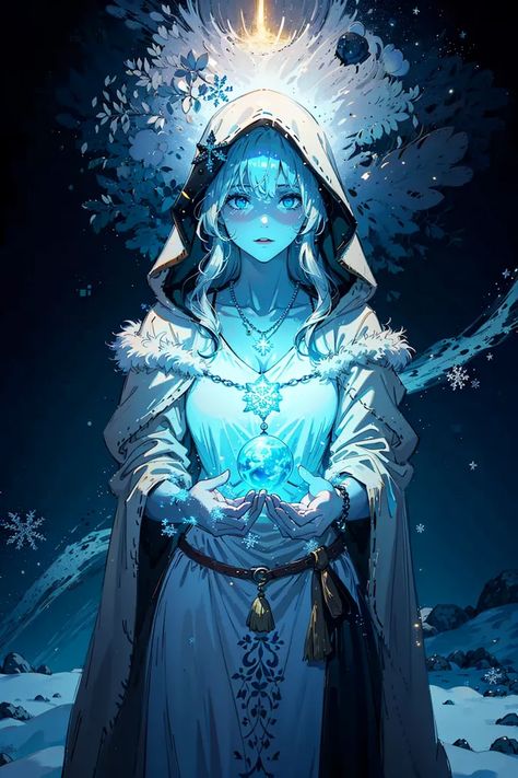 The image is of a beautiful woman with long white hair and blue eyes. She is wearing a white dress with a blue sash and a white fur-lined hood. She is standing in a snowy forest, and there is a bright light shining down on her from the sky. She is holding a glowing blue orb in her hands. White Hair And Blue Eyes, Mystical Woman, Blue Sash, Persona Anime, Long White Hair, Snowy Forest, Anime Artwork Wallpaper, Beautiful Fantasy Art, Bright Light