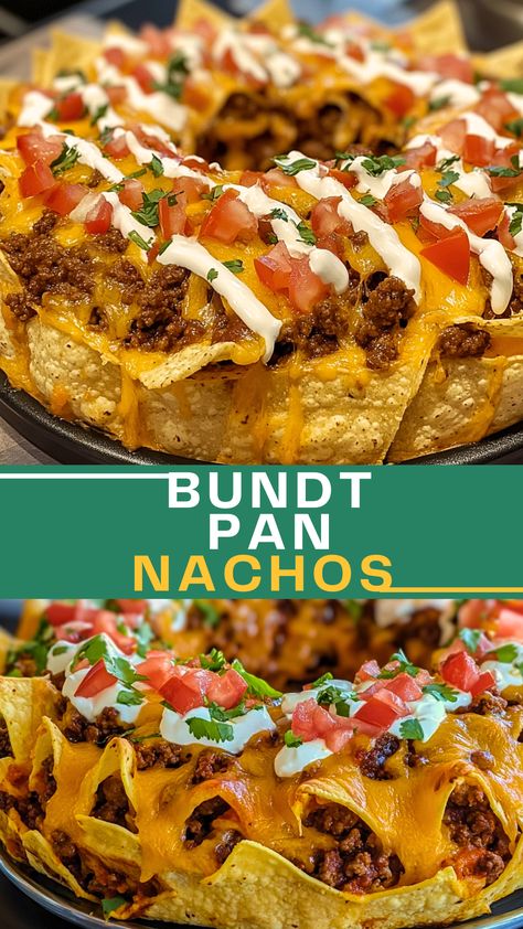 Appetizers, Sauces And Dips: Bundt Pan Nachos Nachos Appetizer Individual, Nacho Tray Ideas, Nacho Appetizers For Party, Nachos For Party, Pan Nachos Ground Beef, Mexican Food Appetizers Easy, Nachos With Doritos Chips, Bundt Pan Nachos, Easy Nachos Recipe Simple