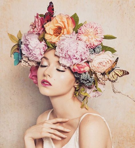 Acrylic Portrait Painting, Whimsical Art Journal, Floral Headdress, Woman With Flowers, Flower Headdress, Flowers In Her Hair, Flower Panels, Fairytale Fashion, Bridal Photoshoot