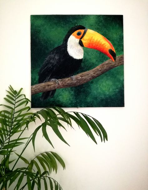 Joanna Piotrowicz Artbishop Studio - original acrylic painting of a toucan on canvas board. #acrylic, #acrylicpainting, #paintingoncanvas, #walldecor, #homedecor, #handpainted, #original, #canvasboard, #toucan, #tropicalbird, #bird, #jungle, #rainforest, #wildanimal, #animal, #green, #nature, #traditionalart, #artbishopstudio Jungle Rainforest, Jungle Painting, Bird Painting Acrylic, Forest Painting, Etsy Art Prints, Tropical Theme, Tropical Birds, Green Nature, Mini Canvas