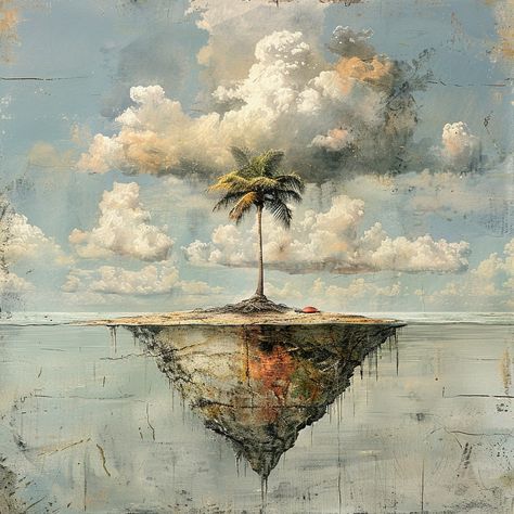 This artwork invites contemplation on themes of isolation, environmental fragility, and the delicate balance of nature. The lone palm tree on the eroding island could symbolize resilience in the face of adversity or the last vestiges of a disappearing paradise. The surreal nature of the floating, inverted island challenges our perceptions of reality and encourages viewers to consider deeper meanings within the seemingly impossible scene. small island with a single coconut palm and a hermit c... Floating Island Art, Floating Island Painting, Tree Surrealism, Surreal Waterfall, Surreal Nature, Balance Of Nature, Coconut Palm, Deep Meaning, Small Island