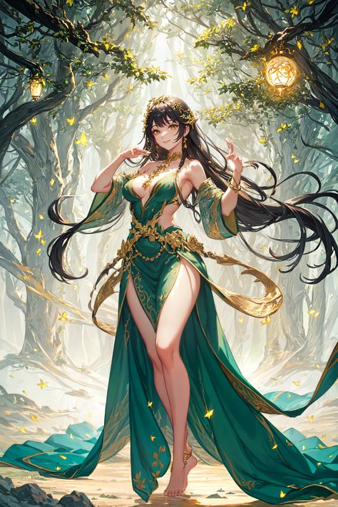 "Unlock Enchantment: Embrace elegance with our ethereal digital painting of a lady in a twilight forest. Adorned in a red dress with golden embroidery and radiant jewels, she's the epitome of timeless beauty and magic. Let her serene smile and the glowing orb lead you into a world of dreams." Twilight Forest, Glowing Orb, Enchanted Characters, Ancient Clothes, Dnd Oc, Forest Magic, Golden Embroidery, Pix Art, Epic Photos