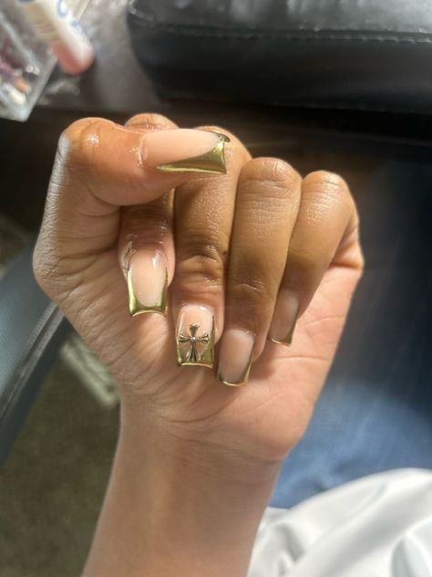 French Tip Nails With Charms, Gold Chrome French Tip Nails, Gold Chrome French Tip, Chrome French Tip Nails, Chrome French Tip, Nails With Charms, Gold French Tip, Chrome French, Tip Nails