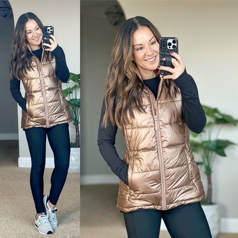 Gold Vest Outfits For Women, Gold Puffer Vest Outfit, Gold Puffer Vest, Cute New Balance, Puffy Vest Outfit, Everyday Holly, Puffer Vest Fashion, Puffer Vest Outfit, Vest Outfits For Women