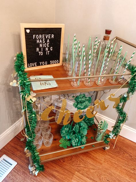 Cheers - forever has a nice ring to it - Irish wedding bar cart - Destination Wedding Ireland - Bar Cart Irish Engagement Party, Engagement Party Bar Cart, Engagement Party Bar, Party Bar Cart, Wedding Bar Cart, Destination Wedding Ireland, Wedding Ireland, Irish Bar, Party Bar