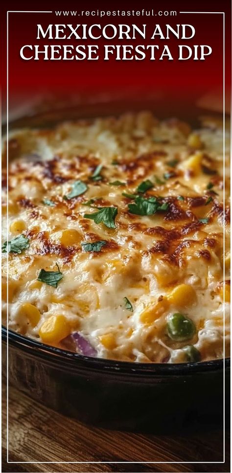 This creamy and flavorful Mexicorn and Cheese Fiesta Dip is the perfect appetizer for any party or get-together. Packed with Mexican-style corn, spicy Rotel, sharp cheddar cheese, and fresh cilantro, it’s a crowd-pleaser that’s easy to make and can be served chilled or at room temperature Best Mexican Queso Dip, Mexican Corn Dip With Rotel, Green Queso Dip, Mexican Taco Dip Recipes, Easy Mexican Snacks Appetizers, Mexican Food Dips, Taco New Years Eve Party, Dips Good With Fritos, Mexican Hot Dip Recipes