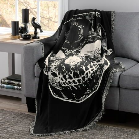 Decorate your home for Halloween season or for a fun theme party with the spooky style and the exceptional softness of the Way To Celebrate Halloween Soft Touch Black & White Skull Cotton-Blend Jacquard Knitted Tapestry Throw, 50" x 60". This haunting throw doubles as a tapestry and features fringed edges, and its sure to inspire some interesting conversations with its reversible pattern of a black and white skull on a black background. The traditional accent piece complements any bedroom, famil Interesting Conversation, Jacquard Knit, Woven Blanket, Tapestry Throw, Jacquard Weave, Fabric Squares, Cup Saucer, Accent Pieces, Bohemian Style