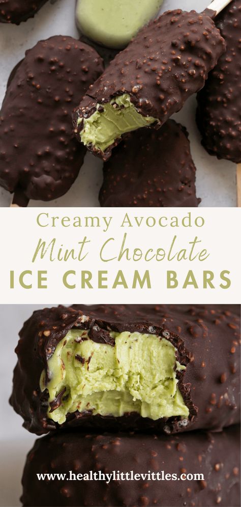 Creamy Avocado Mint Chocolate Ice Cream Bars - Healthy Little Vittles Avocado Ice Cream Vegan, Magnum Ice Cream Bars, Frozen Ice Cream, Coconut Ice Cream Recipes, Mint Chocolate Ice Cream, Puffed Quinoa, Dark Chocolate Mint, Avocado Ice Cream, Crunchy Chocolate