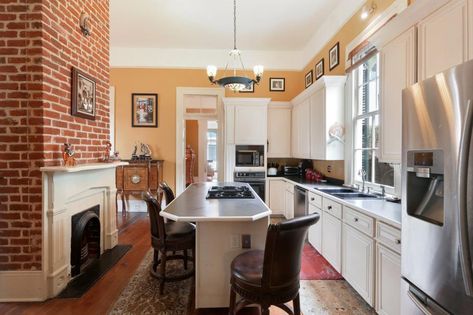 Chimney In Middle Of Kitchen, Kitchen With Brick Chimney, Oven In Chimney Kitchen, Kitchen With Exposed Brick Chimney, Brick Chimney In Kitchen Exposed, Kitchen With Fireplace, Kitchen Chimney, Aqua Walls, Victorian Style Homes