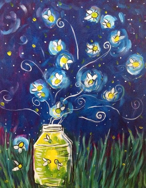 Micron Drawing, Firefly Painting, Firefly Art, Catching Fireflies, Bd Art, Wine And Canvas, Paint Night, Night Painting, Camping Art