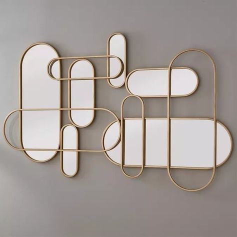 Gold Tubeway Mirror Mirror Collage Bathroom, Mid Century Modern Mirrors, Wall Collage With Mirror, Mirror Collage Wall, Cool Mirror, Mirror Collage, Mid Century Modern Mirror, Beauty House, Chic Mirror