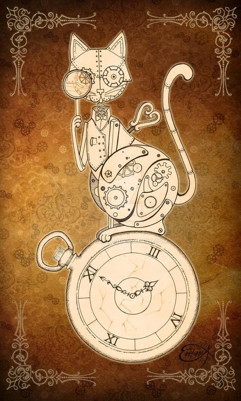 Steampunk Clockwork, Steampunk Drawing, Steampunk Tattoo, Steampunk Animals, Steampunk Cat, Art Steampunk, Mechanical Art, Cat Sketch, Steampunk Design