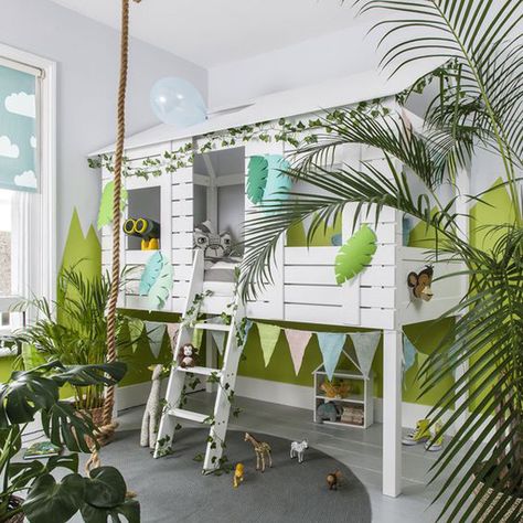 Kids Back To Jungle: 20 Indoor Jungle Themed Ideas | Home Design And Interior Kids Jungle Room, Tree House Bed, Childrens Bedrooms Design, Jungle Bedroom, Dinosaur Bedroom, Mid Sleeper Bed, Dinosaur Room, Jungle Room, Cabin Bed