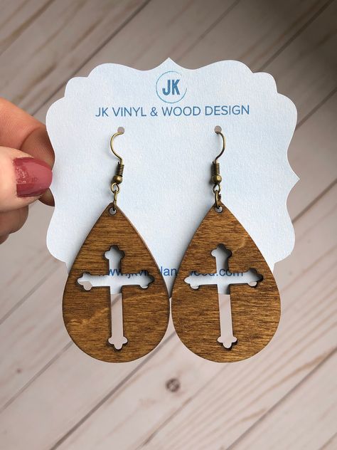 Wooden Teardrop Earrings, Cross Cutout, Earrings Multiple, Earrings Cross, Laser Engraved Ideas, Earrings Wooden, Dark Wood Stain, Make Earrings, Beach Shoot