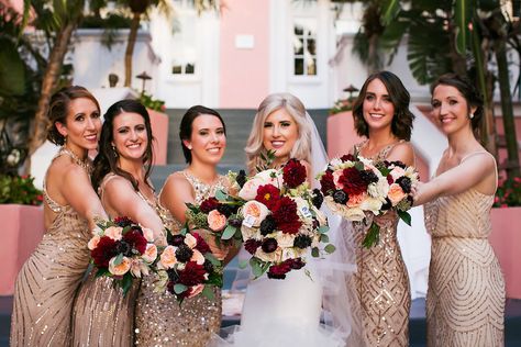 Champagne Gold Bridesmaid Dresses, Wedding Bouquet Champagne, Beach Wedding Red, Deep Red Wedding, Ivory Bridesmaid Dresses, Pronovias Wedding Dress, Champagne Bridesmaid Dresses, Champagne Bridesmaid, Gold Bridesmaid Dresses