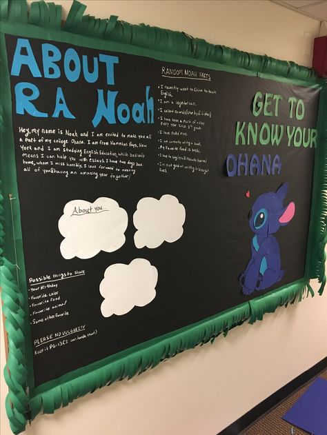 Lilo and Stitch RA bulletin board: Get to know your Ohana. Have spaces for residents to write about themselves and write some about yourself. Have fun with it; make them know you love your job. #RA #rabulletinboard #bulletinboard #doordecs #RAdoordecs #bulletinboardideas Lilo And Stitch Ra Theme, Lilo And Stitch Bulletin Board, Lilo And Stitch Classroom Theme, Residence Life Bulletin Boards, Res Life Door Decs, Dorm Bulletin Boards, Resident Assistant Bulletin Boards, Ra Themes, College Bulletin Boards