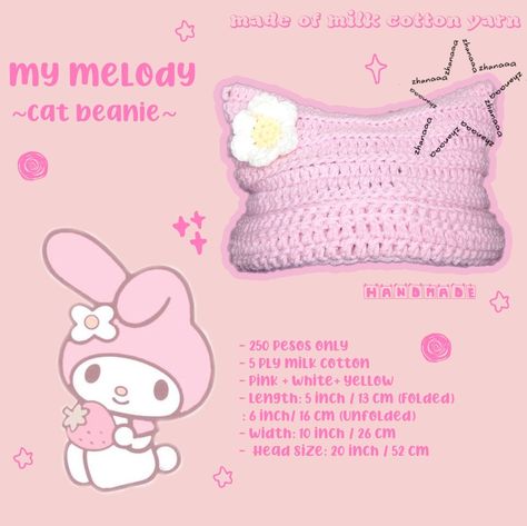 Sanrio Cat Beanie, My Melody Beanie, My Melody Crochet Hat, Cutecore Crochet, Hello Kitty Beanie Crochet, Crochet For Table, Hello Kitty Crochet Hat, Plushies Hello Kitty, My Melody Crochet