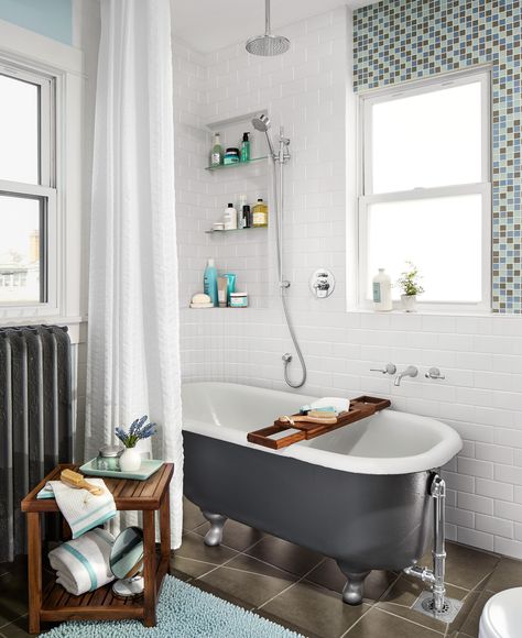 Before and After Bathroom: Vintage-Modern Mix - This Old House Clawfoot Tub Shower Combo, Bathroom With Clawfoot Tub, Clawfoot Tub Bathroom, Small Master Bath, Clawfoot Tub Shower, Master Bath Renovation, Bathroom Vintage, Vintage Tub, Bath Renovation