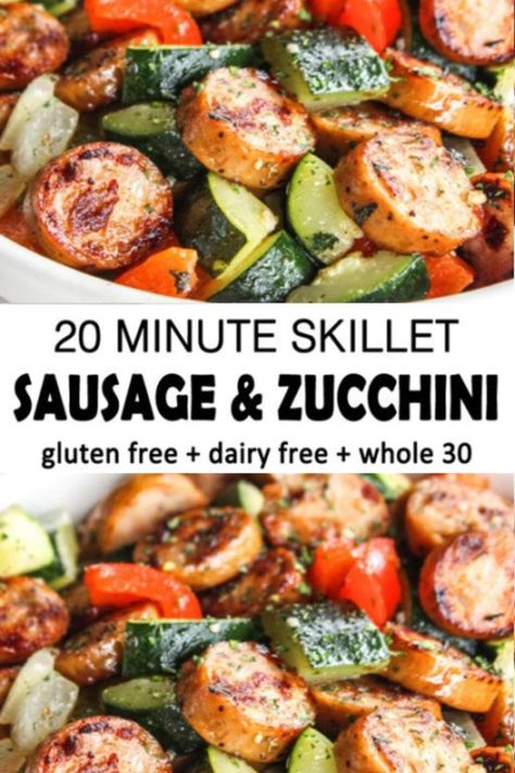 Skillet Sausage and Zucchini Sausage And Zucchini Skillet, Zucchini And Peppers, Zucchini Skillet, Pork Chop Recipes Crockpot, Zucchini Recipes Healthy, Thanksgiving Appetizer Recipes, Skillet Dinners, Chops Recipe, Healthy Clean Eating