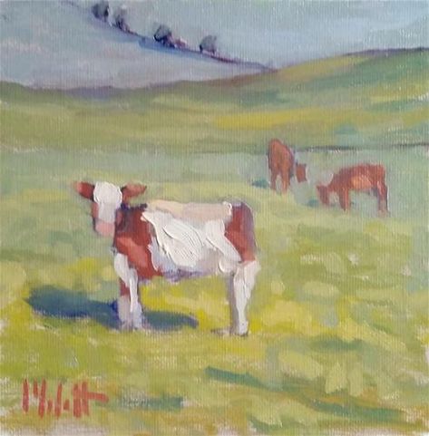 Cow Painting Simple, Easy Cow Painting, Cow Landscape, Easy Farm Paintings, Acrylic Painting Farm Animals, Fluffy Cow Painting, Abstract Farm Landscape Painting, Cow Landscape Painting, Cow In Field Drawing