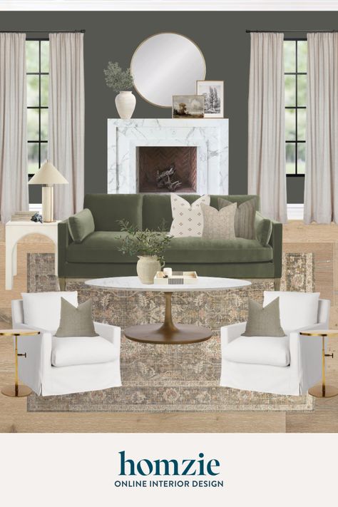 Living Room Inspo Green Accents, Adding Green To Living Room, Green Living Room Grey Couch, Modern Farmhouse Green Living Room, Green White Gold Living Room, Transitional Living Room Green Couch, Green Living Room With Fireplace, Organic Modern Living Room Green Couch, Green Den Sofa