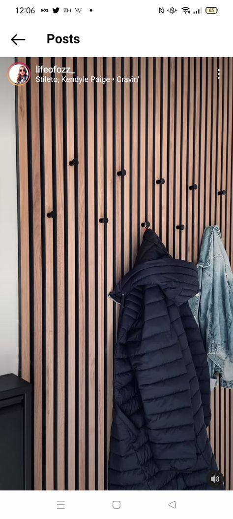 Modern Hallway Coat Storage, Hanger Entrance Hall, Wood Panel Hallway Entryway, Slat Entry Wall, Entrance Hall Coat Hanging Ideas, Slat Wall With Coat Hooks, Front Entry Coat Hooks, Entrance Hanger Ideas, Slat Wall Coat Rack