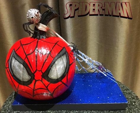 Painted Spiderman Pumpkin, Spider Man Pumpkin Painting Ideas, Spider Man Halloween Decorations, Super Hero Pumpkin Decorating, Pumpkin Painting Ideas Spiderman, Miles Morales Pumpkin, Spider Man Pumpkin Painting, Spiderman Pumpkin Painting, Spider Man Pumpkin