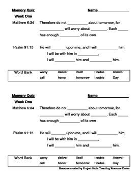 9 weeks of Bible Verse Memory Quizzes. Fill in the blank quizzes with complete verse at the end. Two quizzes per sheet for easier copying. Bible Worksheets, Elementary Curriculum, Scripture Memorization, Mission Work, Free Printable Activities, Homeschool Elementary, Mad Libs, Memorization, Fill In The Blank