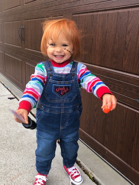 Chucky Halloween Costume Toddler, Baby Chucky Costume, Toddler Chucky Costume, Diy Chucky Costume, Chucky Costume For Kids, Chucky Outfit, Chucky Halloween Costume, Disfarces Halloween