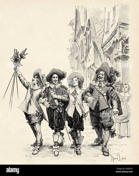 Download this stock image: Illustration for The Three Musketeers by Alexandre Dumas (1802-1870) French writer, France. Old XIX century engraved illustration from La Ilustracion Española y Americana 1894 - 2CB7E5T from Alamy's library of millions of high resolution stock photos, illustrations and vectors. 3 Musketeers, Alexandre Dumas, Three Musketeers, Engraving Illustration, The Three Musketeers, Minecraft Art, Book Images, Art Archive, Art Block