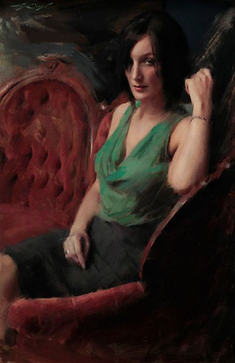 Casey Baugh (American, b. 1984), oil on canvas {figurative realism art beautiful female seated woman portrait painting #loveart} caseybaughfineart.com Casey Baugh, Moody Wall Decor, Emerald Green Art, Barnett Newman, Alex Colville, Portrait Vintage, Audrey Kawasaki, Antique Artwork, Andrew Wyeth