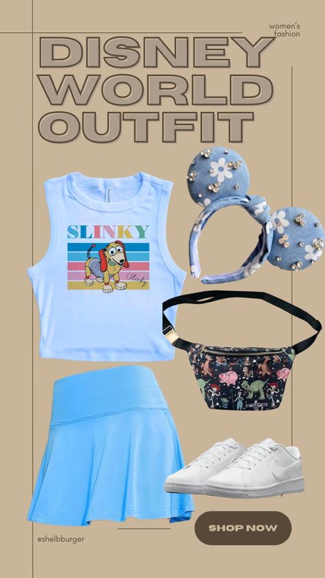 Toy Story Slinky, Blue Tennis Skirt, Disney Outfits Women, Disney Fits, Nike Court Royale, Rocker Outfit, Disney 2024, Disney World Outfits, Leather Jewels