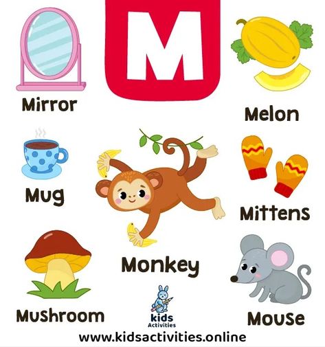 Preschool Words That Start With M m: Flashcards and Worksheets ⋆ Kids Activities Letter M For Preschool, Letter M Crafts For Preschoolers, Letter M Activities For Preschool, Preschool Words, Preschool Letter M, M Activities, Letter M Crafts, Letter M Activities, Letter M Worksheets