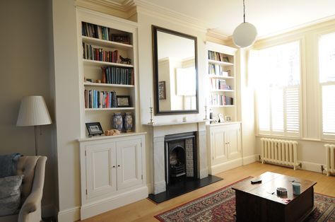 Lounge with reclaimed cast iron radiators Built In Cupboards Around Fireplace, Chimney Shelves, Bookcase Around Fireplace, Built In Bookcases Around Fireplace, Ornamental Fireplace, Fireplace Alcove, Bookshelves Fireplace, Victorian Sitting Room, Fireplace Bookshelf