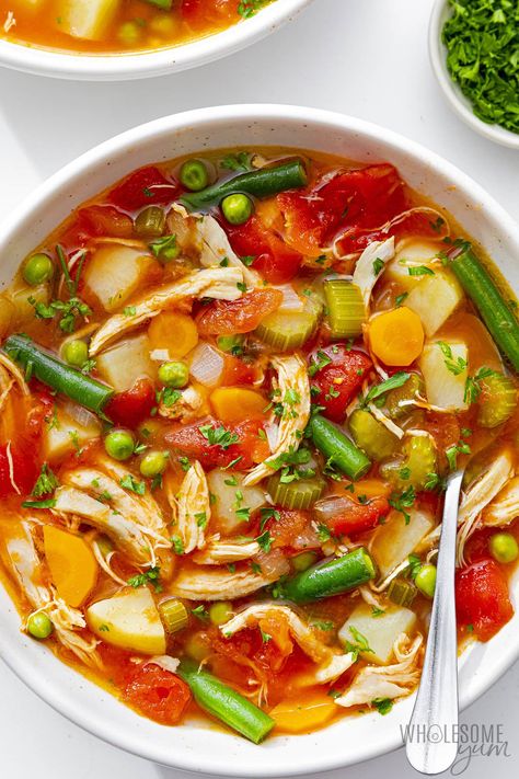 Chicken Vegetable Soup (Easy Recipe) - Wholesome Yum Healthy Soups And Stews Clean Eating, Easy Chicken Vegetable Soup, Chicken Soup Healthy, Vegetable Chicken Soup, Chicken Veggie Soup, Chicken Vegetable Soup Recipes, Chicken Vegetable Soup, Vegetable Soup Recipe, Vegetable Soup With Chicken