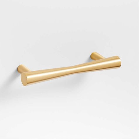 Tapered 4" Brushed Brass Cabinet Drawer Bar Pull + Reviews | Crate and Barrel Brushed Brass Bathroom, Brushed Brass Cabinet, Bathroom Towel Hook, Bathroom Cabinetry, Tall Candle Holders, Tall Candle, Brass Cabinet, Brass Bathroom, The Small Things