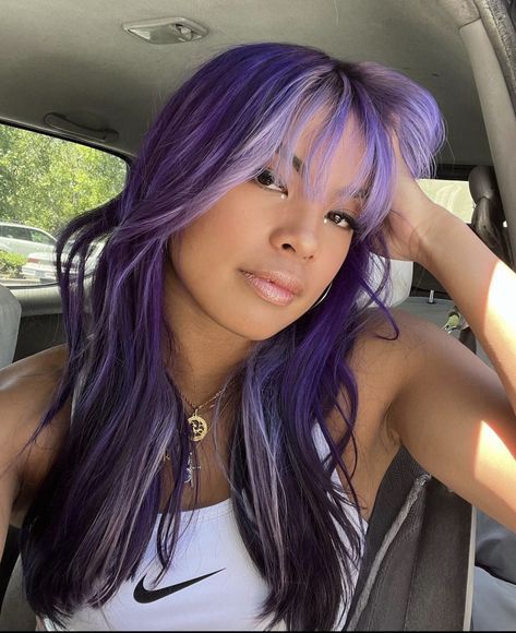 Purple Hair Multicolor, Dark Brown Hair With Lavender Highlights, Oil Slick Money Piece Hair, Blonde And Lilac Hair Highlights, Lived In Vivid Hair, Dark And Light Purple Hair, Hair Colour Combos, Half Purple Hair, Purple Hair With Money Piece