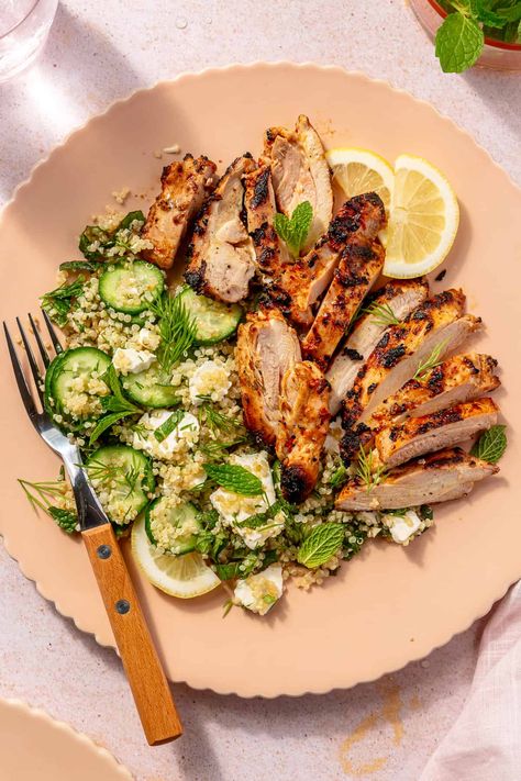 Harissa-Yogurt Marinated Chicken with Cucumber-Quinoa Salad September Meals, Cucumber Quinoa Salad, Chicken Thighs Dinner, Chicken Lickin, Yogurt Marinated Chicken, Yogurt Chicken, Simple Vinaigrette, Healthy Yogurt, Grilled Dinner