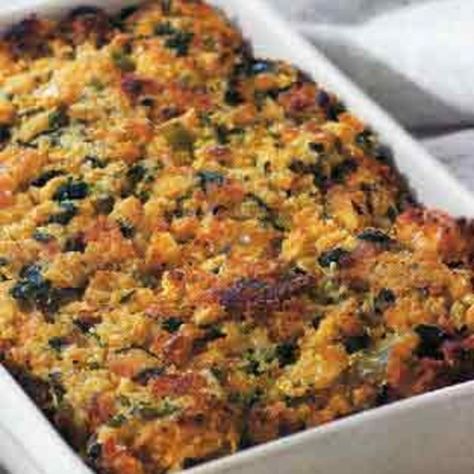 Southwest Corn Bread Stuffing with Corn and Green Chilies recipe | Epicurious.com Southwest Cornbread, Corn Bread Stuffing, Southwest Corn, Green Chili Recipes, Bread Stuffing, Cornbread Stuffing, Cornbread Dressing, Stuffing Recipes, Glass Baking Dish