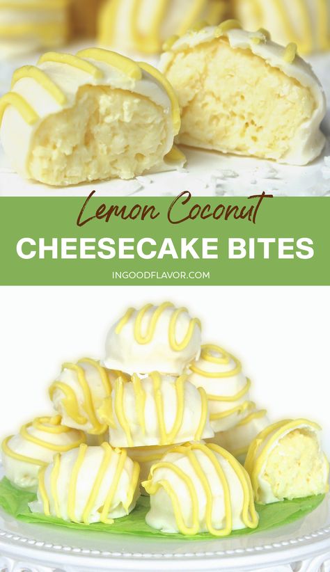 Lemon Coconut Cheesecake Bites No Bake Coconut Cream Balls, Lemon Coconut Cheesecake Cookies, Fall Truffles, Lemon Bites Recipe, Keto Lemon Coconut Balls, Mini Lemon Cheesecake Bites, Lemon Coconut Cheesecake, Lemon Cheesecake Bites, Lemon Coconut Cupcake Recipes