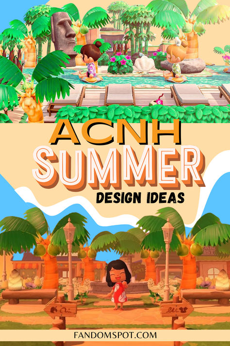 Add a cute summer-y vibe into your ACNH island with this adorable inspo gallery. Peep all these designs to learn how to build a beach paradise, a tropical getaway, or even a summer styled backyard behind your house. Tropical Resident Services Acnh, Acnh Tropical City, Buildings Acnh, Tropical Island Acnh, Tropical Animal Crossing Island, Acnh Summer Island, Animal Crossing Tropical Island, Acnh Beach House, Acnh Tropical Island Ideas