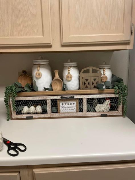 Hobby Lobby Chicken Wire Shelf Decor, Shelf Above Fridge, Hobby Lobby Chicken Wire Shelf, Chicken Wire Shelf, Hobby Lobby Shelf, Above Fridge, Farmhouse Kitchen Inspiration, Mobile Home Kitchen, Kitchen Farm