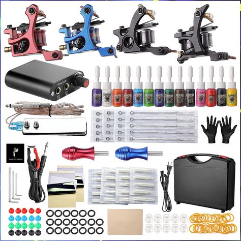 HAWINK Complete Tattoo Kit 4 Standard Tattoo Machines Power Supply 14 Color Tattoo Inks Needles Tips Grips with Carry Case TK-HW4005 Tattooing Machines, Professional Tattoo Kits, Tattoo Machine Parts, Complete Tattoo, Coil Tattoo Machine, Tattoo Machine Kits, Beginner Tattoos, Tattoo Power Supply, 4 Tattoo