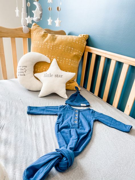 baby boy | nursery reveal | shooting star | galaxy theme | stars | accent wall | baby outfit | knot gown | love you to the moon and back | baby boy room Moon And Stars Nursery Boy, Galaxy Baby Nursery, Celestial Nursery Theme, Boy Nursey, Galaxy Nursery, Moon Stars Nursery, Star Themed Nursery, Twin Nursery, Stars Nursery